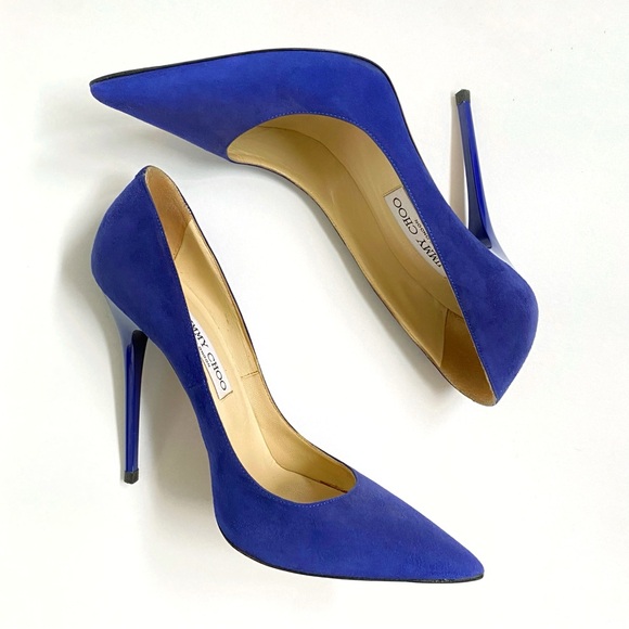 JIMMY CHOO BRIGHT BLUE SUEDE ANOUK POINTY TOE HEELS 120mm PUMPS - Picture 4 of 11